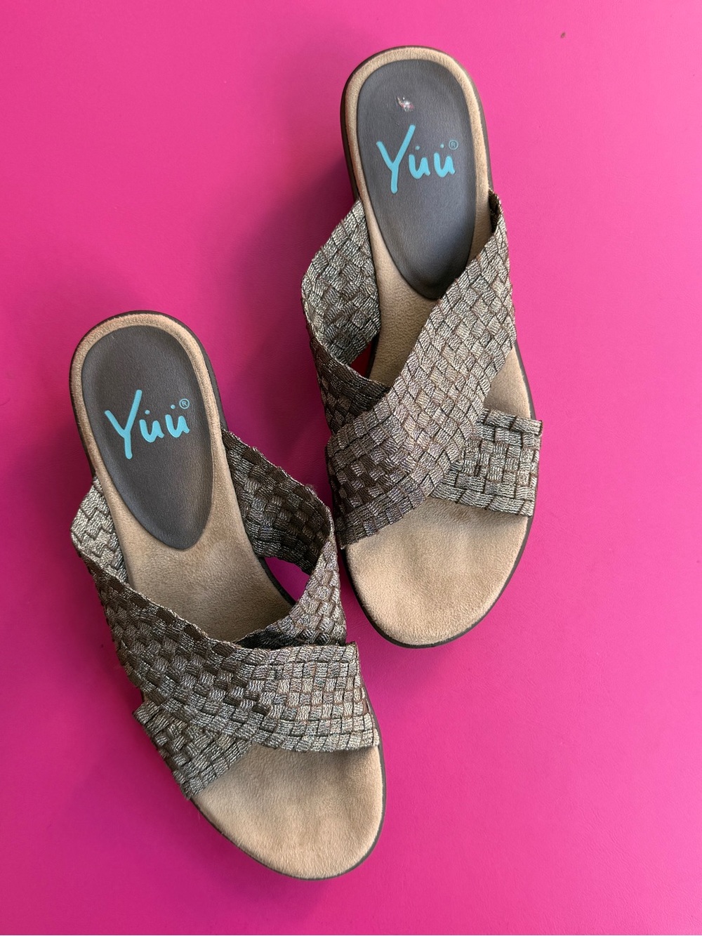 Yuu Fanen Metallic Bronze Woven Wedge Slide Sandals Criss Cross Comfort Shoes 6